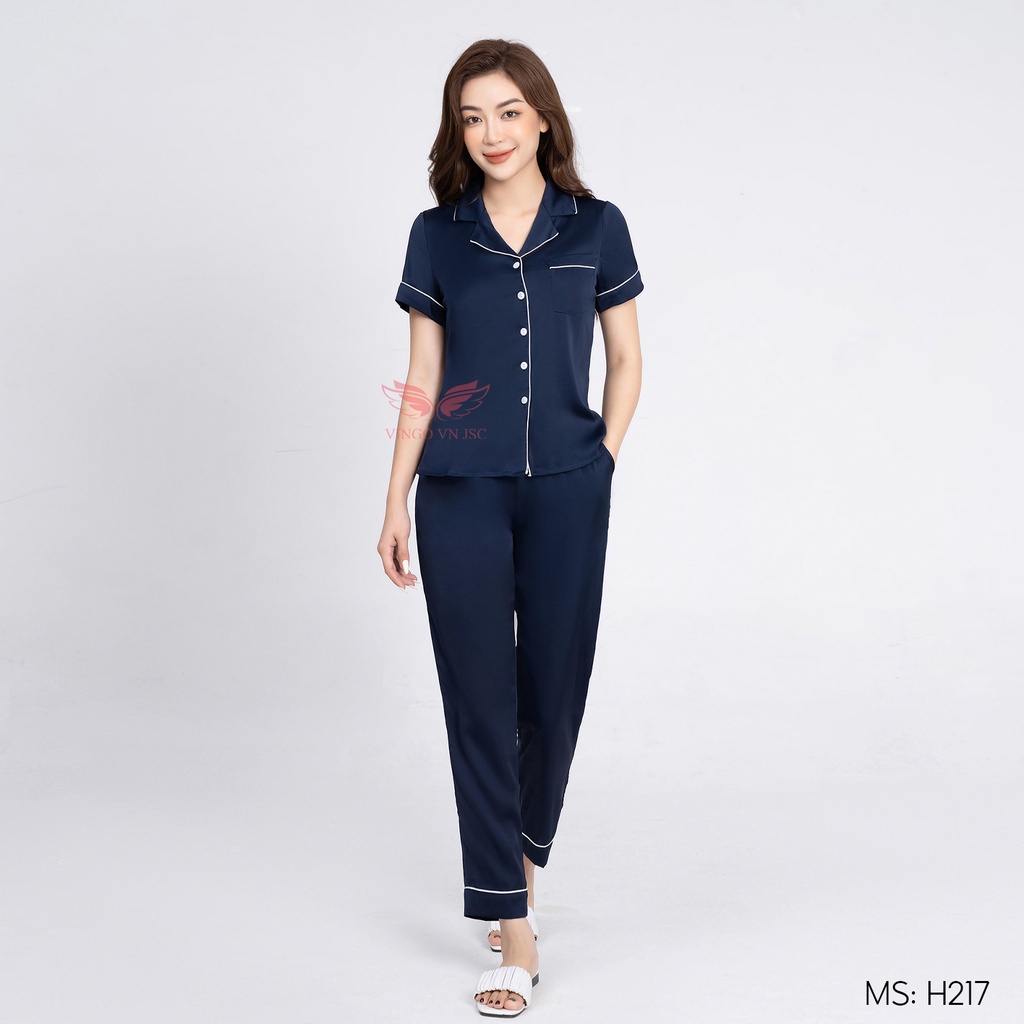 Đồ bộ mặc nhà pijama lụa trơn cao cấp VINGO tay ngắn quần dài dáng eo màu đỏ mặc Tết sang trọng H217 VNGO