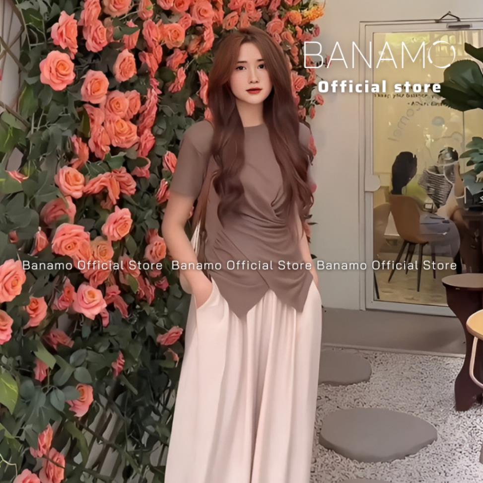 Áo thun nữ Banamo Fashion áo thun trơn cổ tròn nhúm eo vạt