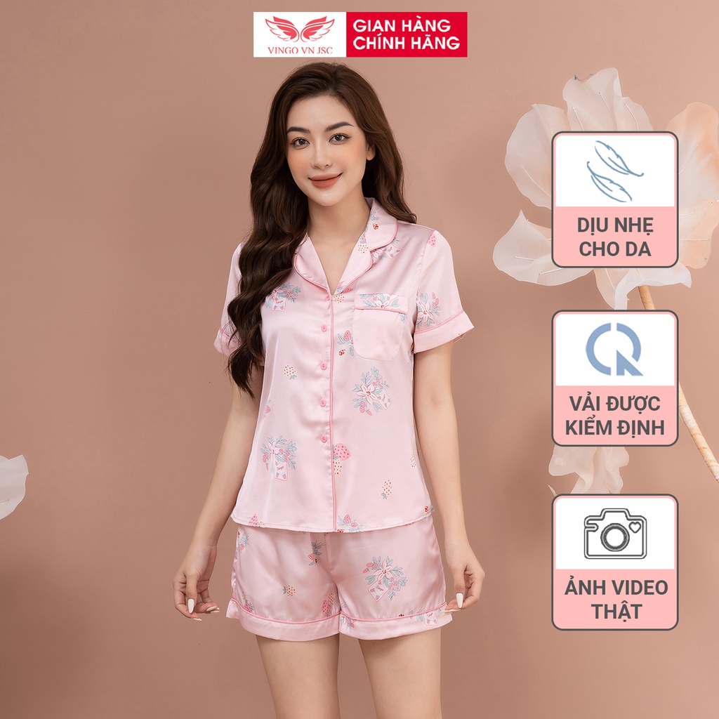 Đồ bộ nữ Pijama mặc nhà Lụa cao cấp mùa hè VINGO tay ngắn quần đùi quả dâu màu hồng dễ thương H373 VNGO