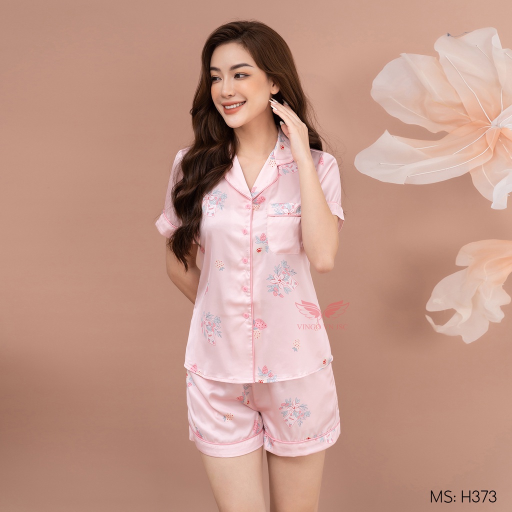 Đồ bộ nữ Pijama mặc nhà Lụa cao cấp mùa hè VINGO tay ngắn quần đùi quả dâu màu hồng dễ thương H373 VNGO