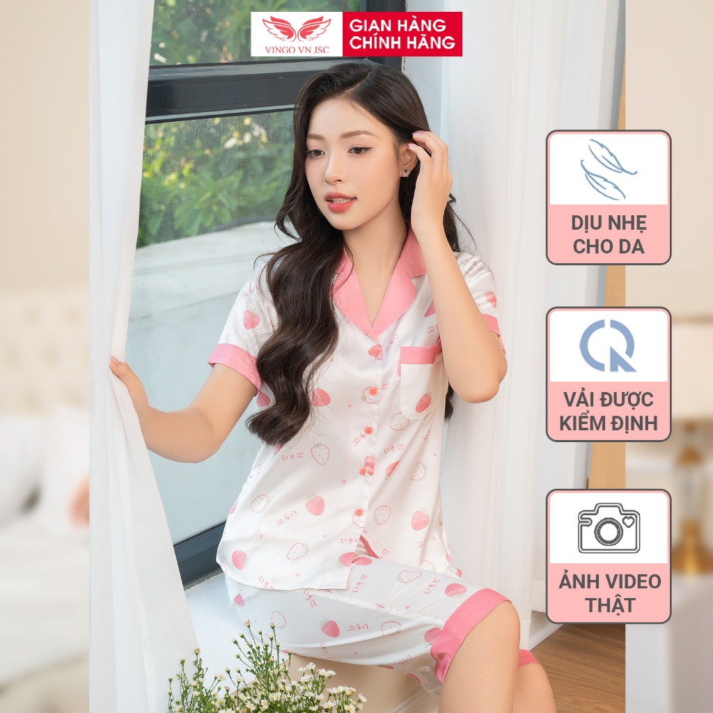 Đồ bộ mặc nhà Pijama lụa cao cấp VINGO tay ngắn quần lửng quả dâu hồng H1029 VNGO