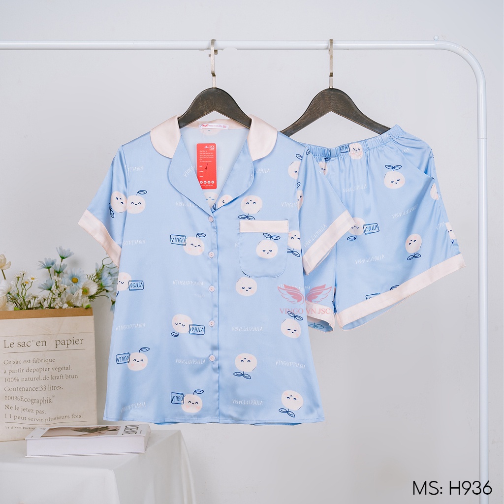 Đồ bộ nữ Pijama mặc nhà Lụa cao cấp mùa hè VINGO tay ngắn quần đùi dáng suông màu xanh quả be dễ thương H936 VNGO