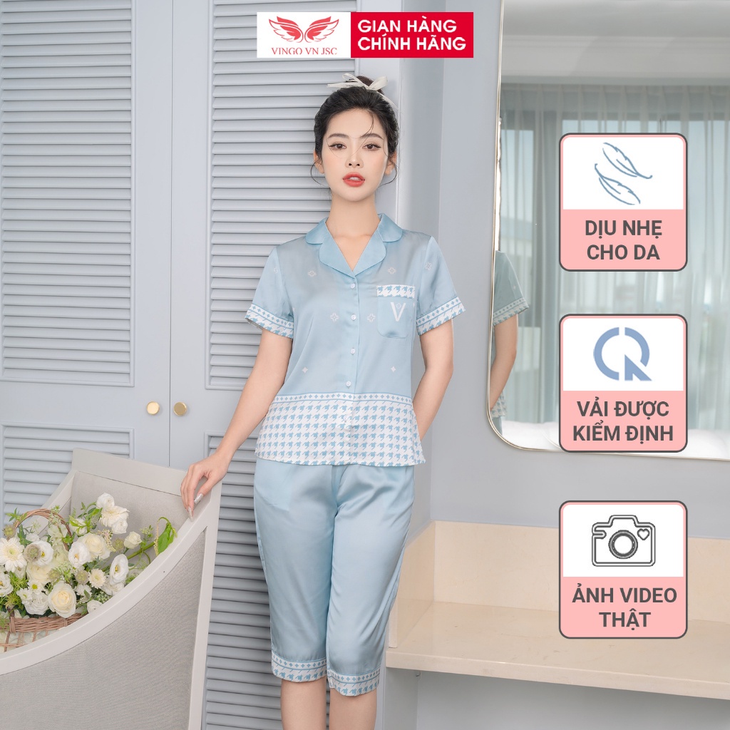 Pijama lụa bộ đồ ngủ mặc nhà cao cấp mùa Thu Đông VINGO áo tay ngắn quần lửng hoạ tiết đẹp H992 VNGO