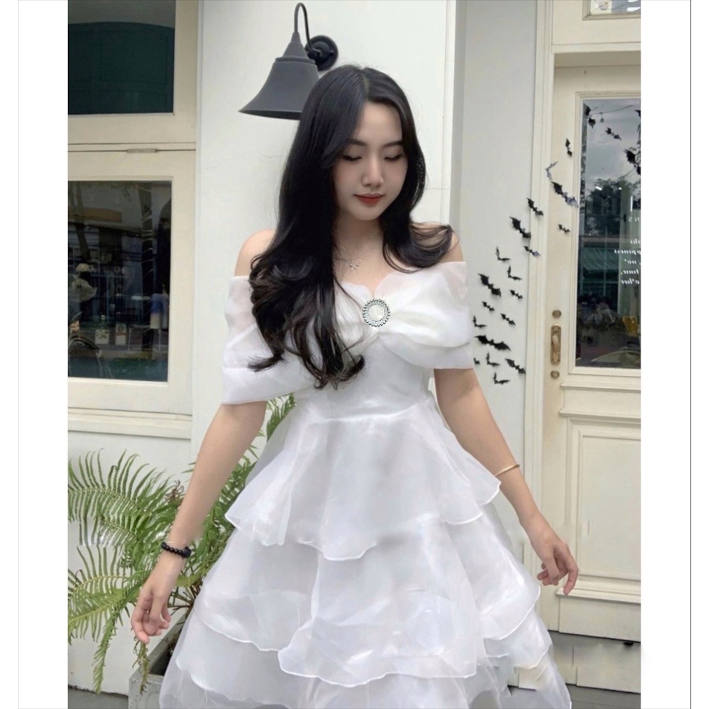 Váy Trễ Vai Màu Trắng 3 Tầng Công Chúa, Đầm Dự Tiệc Màu Trắng