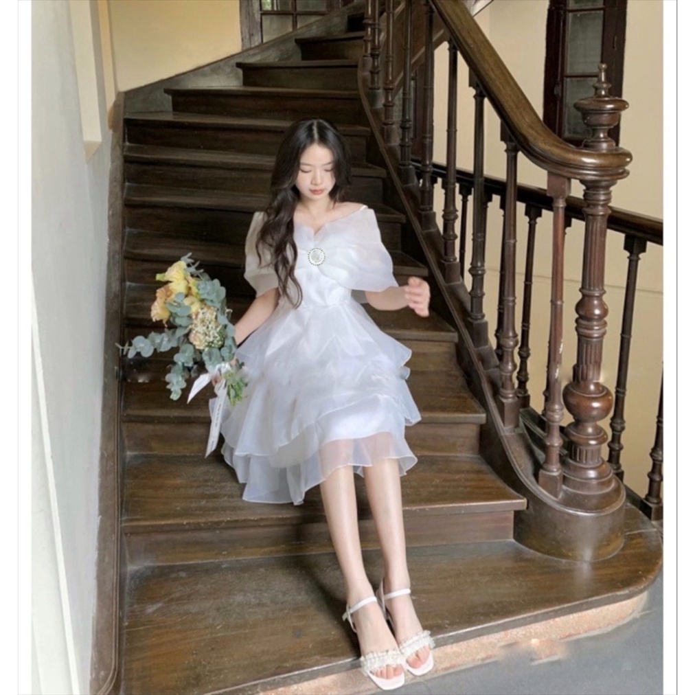 Váy Trễ Vai Màu Trắng 3 Tầng Công Chúa, Đầm Dự Tiệc Màu Trắng