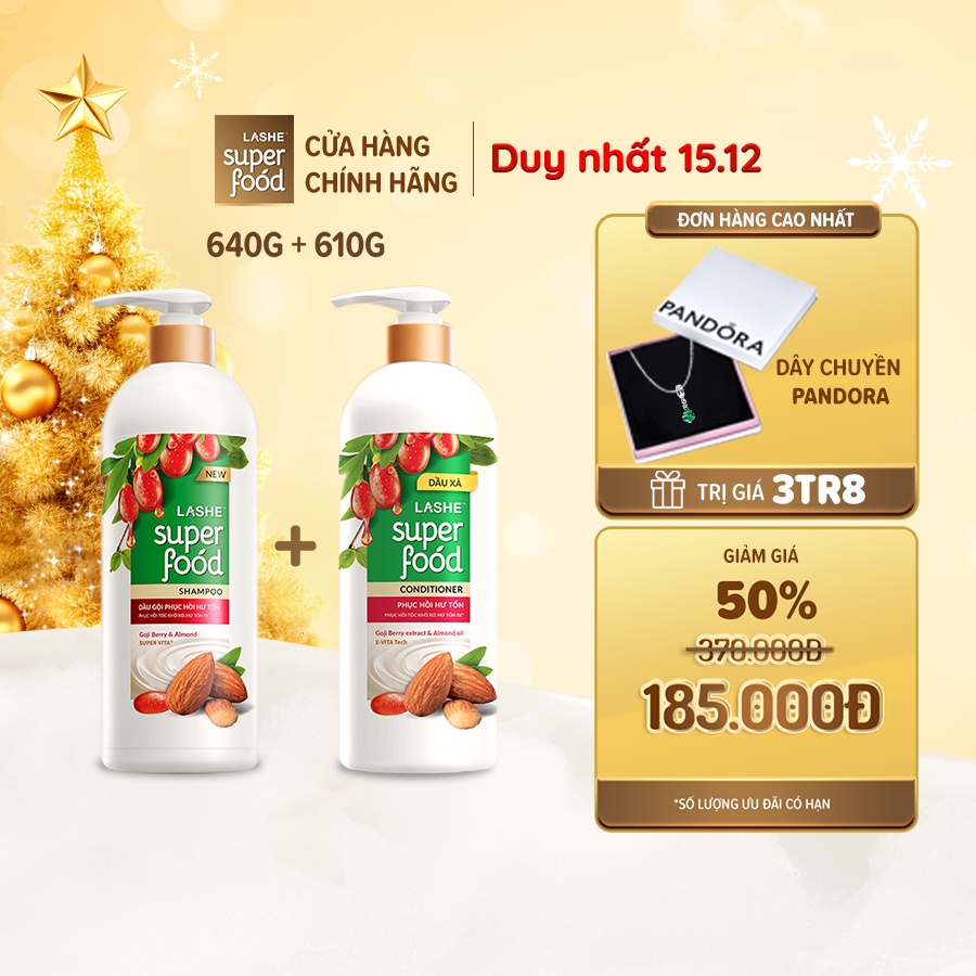 Combo Dầu gội 640G + Dầu xả 610G LASHE SUPERFOOD phục hồi hư tổn