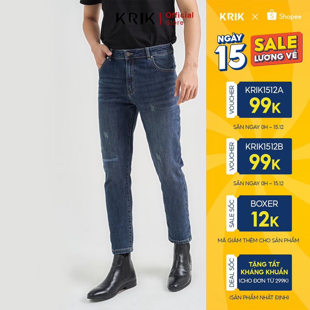 Quần Jean Nam Local Brand KRIK Form Slimfit Chất Liệu Cao Cấp Màu Xanh Đậm Rách Xước QJ6019