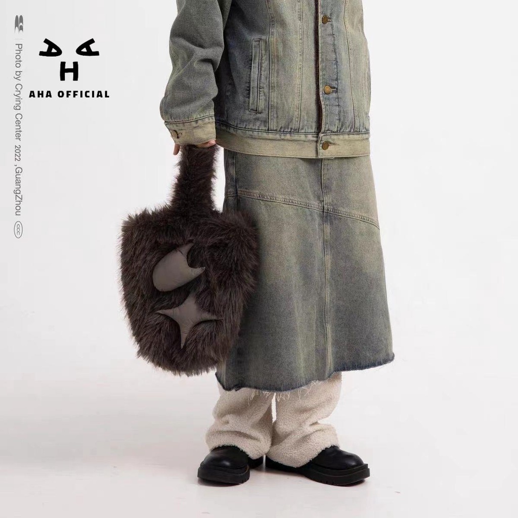 Aha Túi Xách Đeo Vai Sức Chứa Lớn Mẫu Mới 2023 Phong Cách Mùa Đông Chính Hãng Họa Tiết Trăng Sao Tóc Dài Cho Nữ