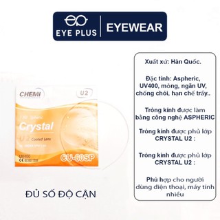 Mắt kính cận nam nữ Eye Plus Chemi 1.60 mỏng chính hãng phản quang chống lóa