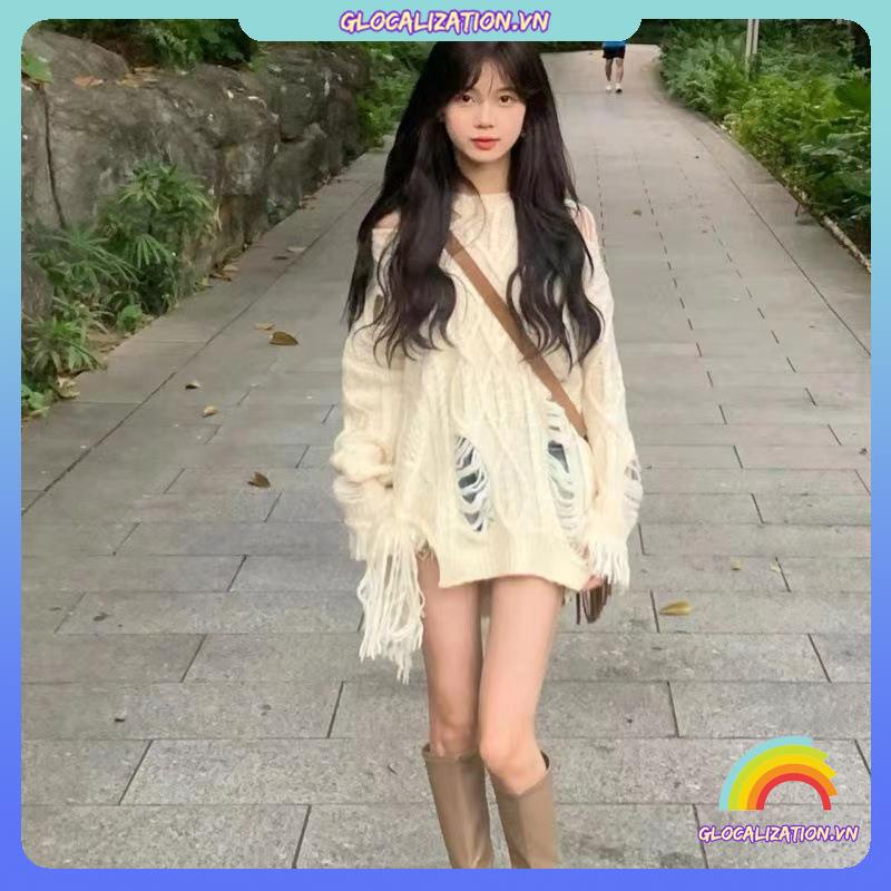 Thời Trang Áo sweater Trễ Vai Thiết Kế Xẻ Rách Cá Tính