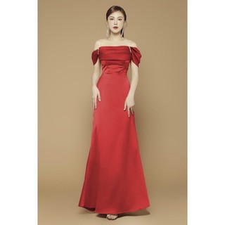 Đầm dạ hội phi mango xếp ly rớt vai phối lưới vai cao cấp