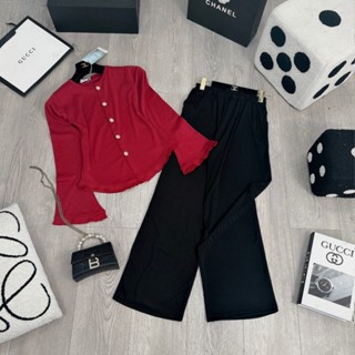 Set Bộ Đồ Nữ Áo Len Tăm Cúc Cài Viền Bèo Lượn Ống Tay Loe Mix Quần Suông Tăm