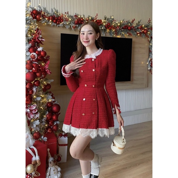( Chuẩn L1 Có Màu Đỏ ) Đầm Váy Tweed Dạ Đính Đá Phối Viền Ren 2 Bên Tay Dài Dập Li Màu Đen Đỏ Tiểu Thư Dự Tiệc