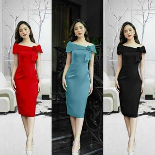Đầm ôm body trễ vai bông ngực nơ hàng thiết kế sang trọng
