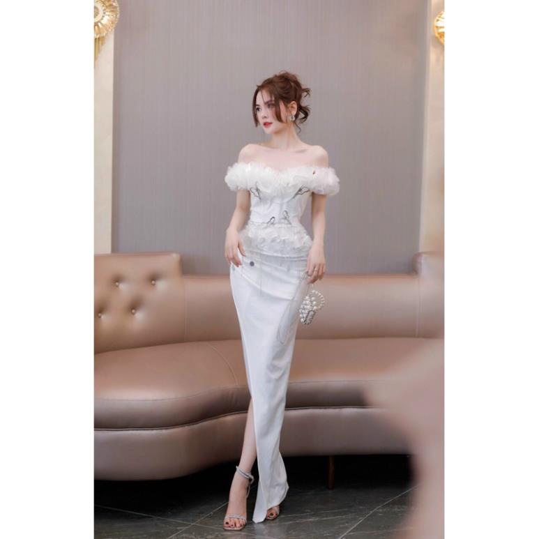 Đầm dạ hội trễ vai eo kết đá tua-TKC
