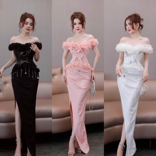 Đầm dạ hội trễ vai eo kết đá tua-TKC