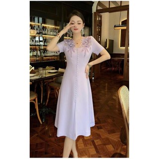 HÀNG NHẬP - ĐẦM TÍM CỔ LƯỚI KẾT HOA