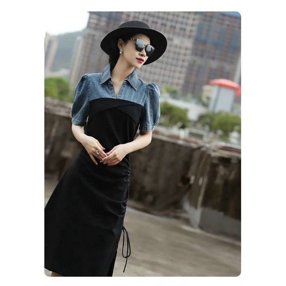 𝗛𝗔̀𝗡𝗚 𝗡𝗛𝗔̣̂𝗣 -ĐẦM JEAN CỔ SƠ MI PHỐI THUN CAO CẤP