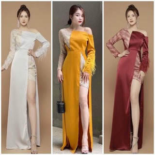 Đầm dạ hội lệch vai tay dài phối kim tuyến tay đính lông vũ cao cấp
