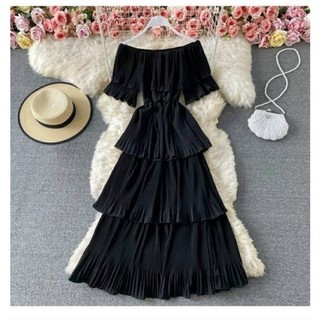 HÀNG NHẬP - ĐẦM VOAN XOÈ TẦNG CỔ BÈO TRỄ VAI CHÂN VÁY XẾP TẦNG EO THUN CAO CẤP