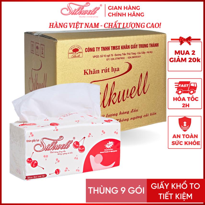 Thùng 9 gói Giấy ăn rút lụa khổ lớn Silkwell 280 tờ dai, mềm, mịn, không bụi giấy