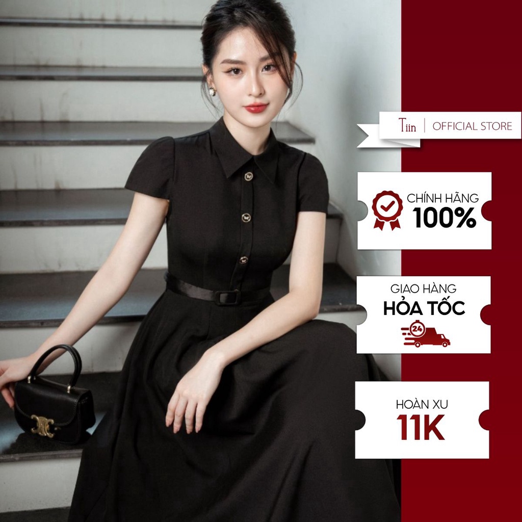 Váy cổ đức nẹp khuy kèm đai TIINSTORE VHN865