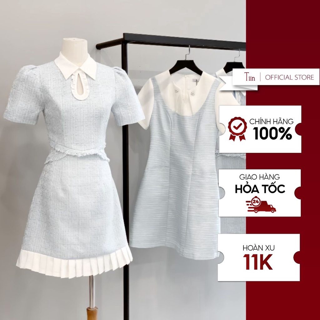 Váy dạ dáng ngắn màu xanh phối trắng cổ đức xếp ly Tiin Store VHN955