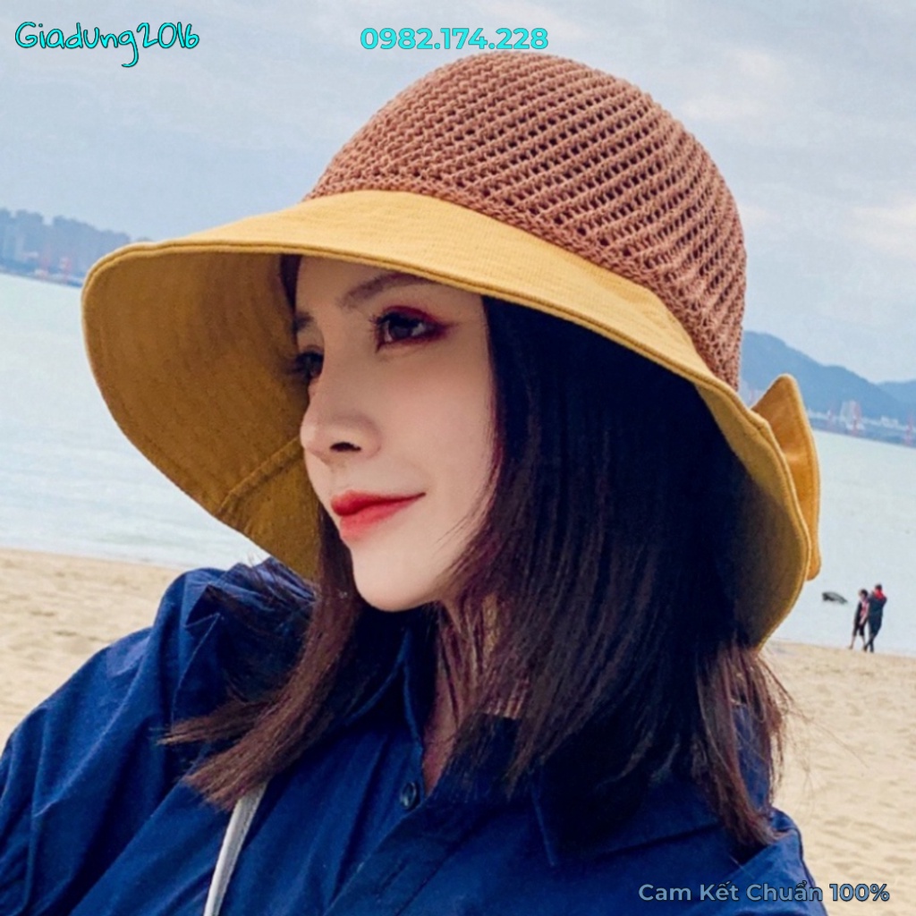 Mũ cói viền vải nơ to xinh xắn 🌏FREE SHIP🌎 Nón cói đi biển,Du lịch phong cách Hàn Quốc sang trọng cho nữ B52