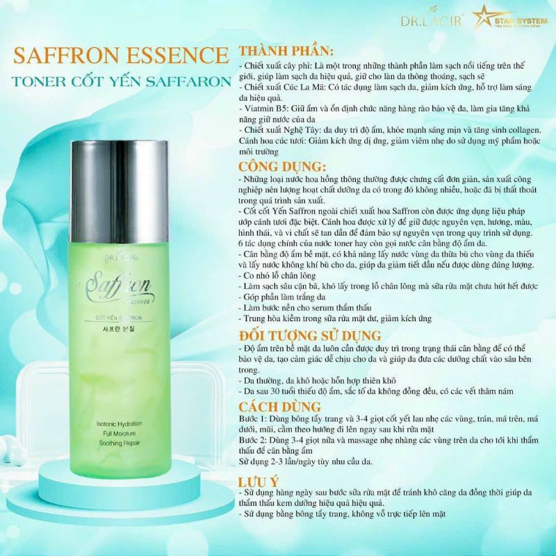 Toner Dr Lacir Toner Cốt Yến Safron cho da khô nhạy cảm