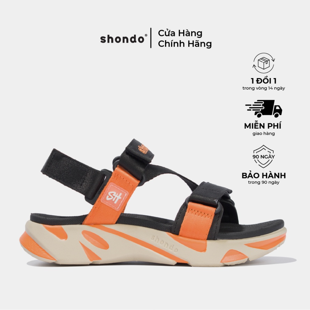 Giày Sandal Nam Nữ Shondo Êm Chân, Bền F8 Ver.2 Đế Be Cam Phối  Quai Đen Cam F8M2818