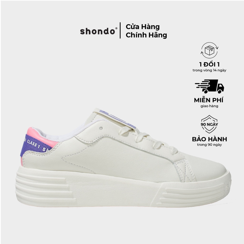 Giày Thể Thao Sneaker Độn Đế Nữ Shondo Class 1 Trắng Phối Dây Tím Bền Nhẹ SND0202