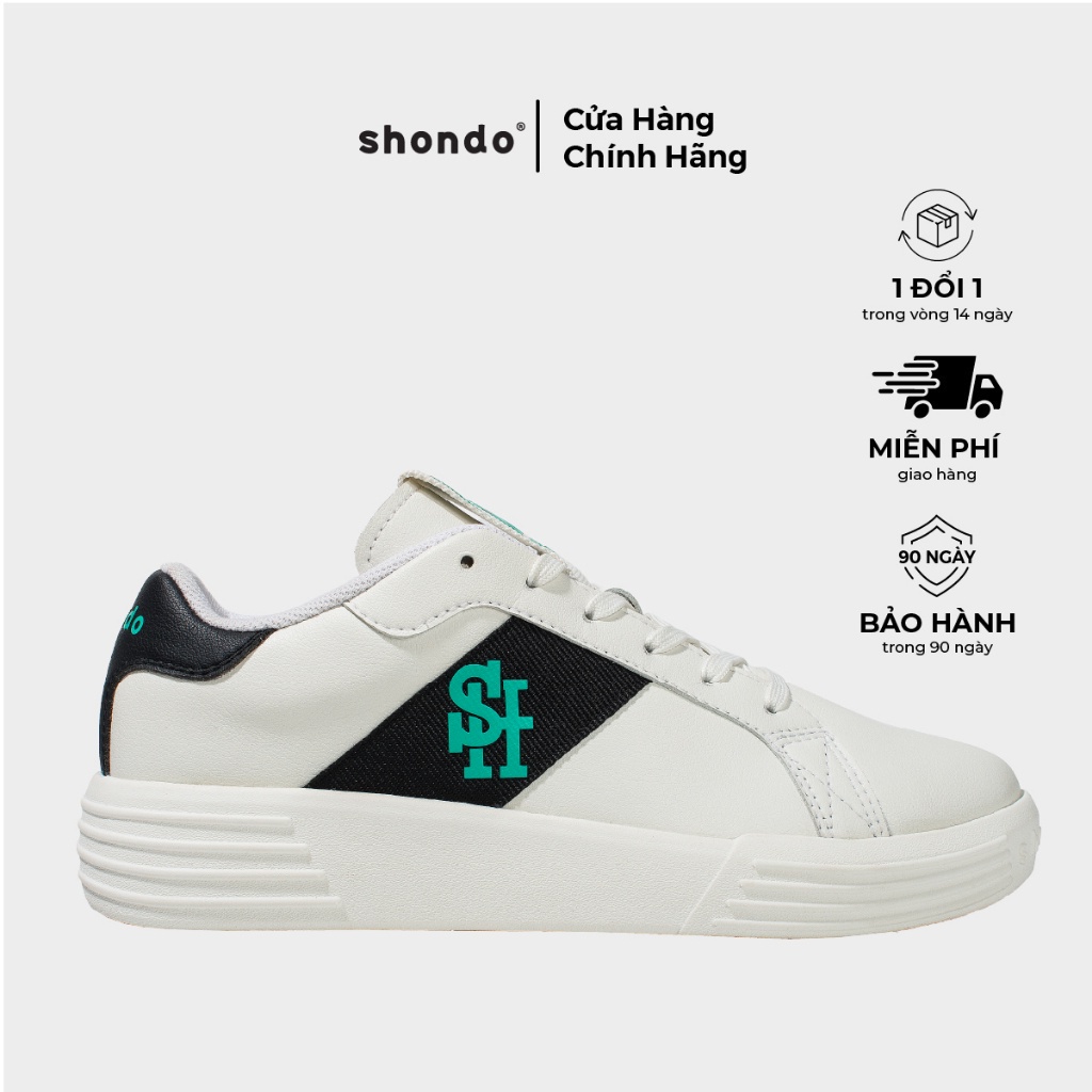 Giày Sneaker Thể Thao Nam Nữ SHONDO Class 1 Thời Trang, Thoáng Khí Màu Trắng Họa Tiết Đen Logo SH Xanh Lá SND0104