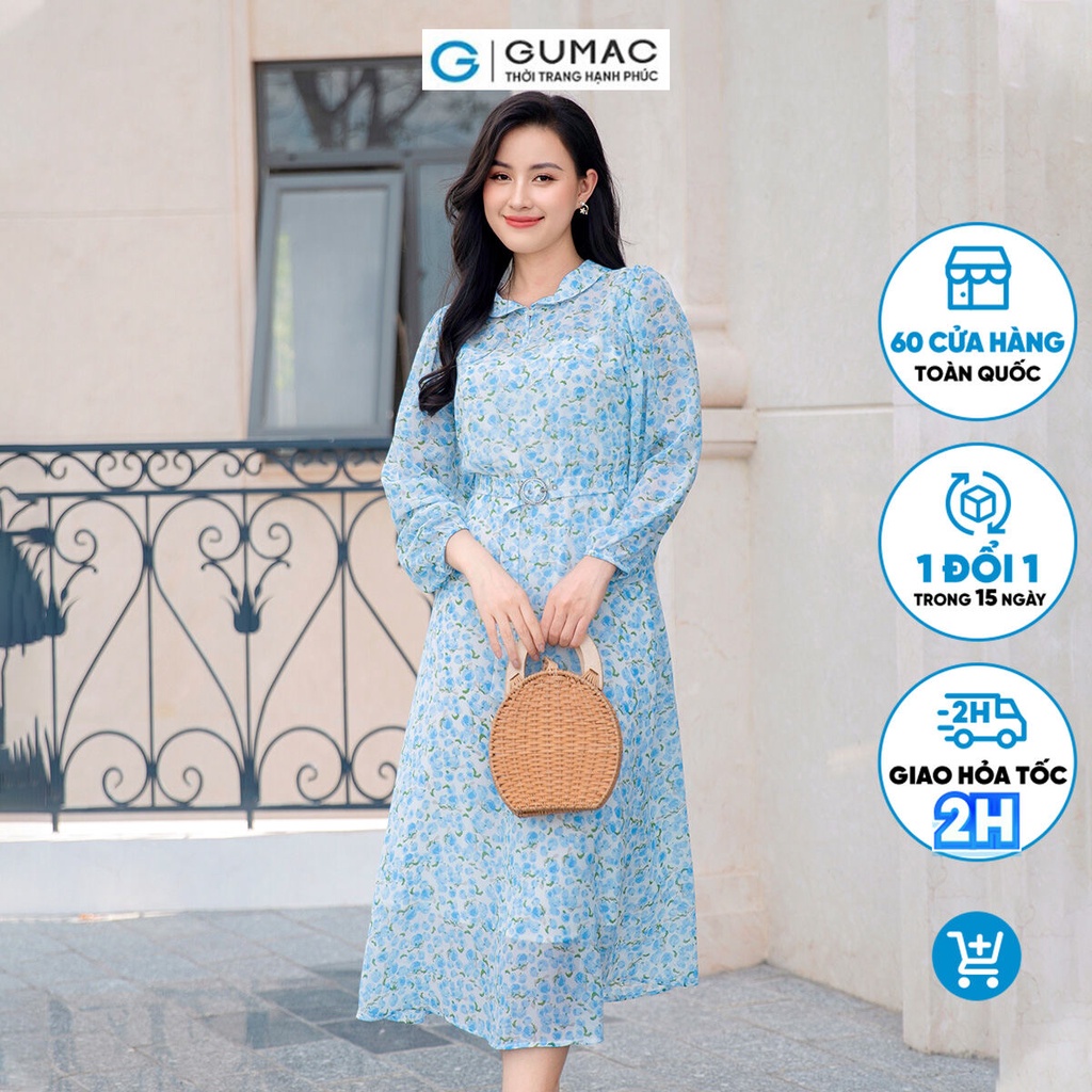 Đầm phom A nữ tay dài GUMAC DD09016 cổ bâu lá sen phối dây thắt eo