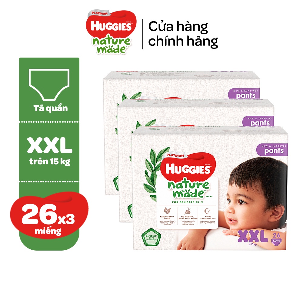 Thùng 3 gói Tã/Bỉm quần Huggies Platinum NatureMade M58/ L44/ XL38/ XXL26