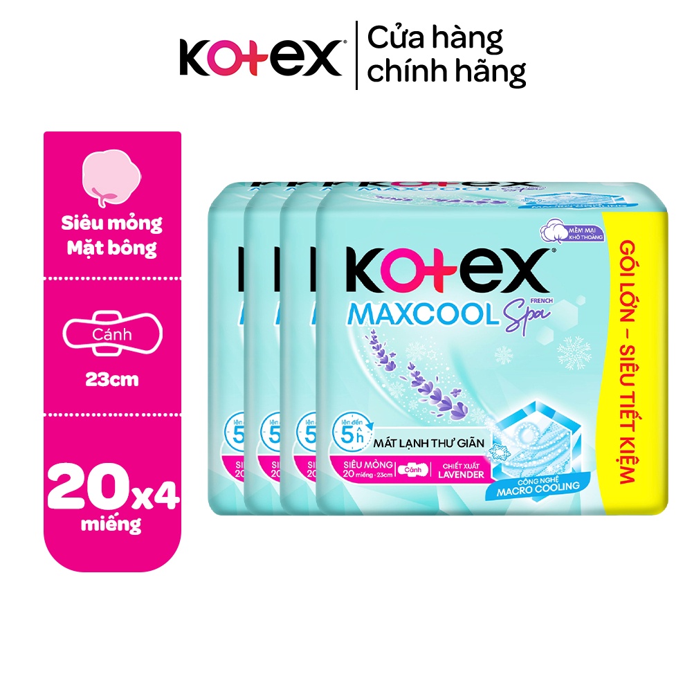 Combo 4 gói băng vệ sinh Kotex Maxcool French Spa Siêu mỏng cánh 23cm (20M/gói)