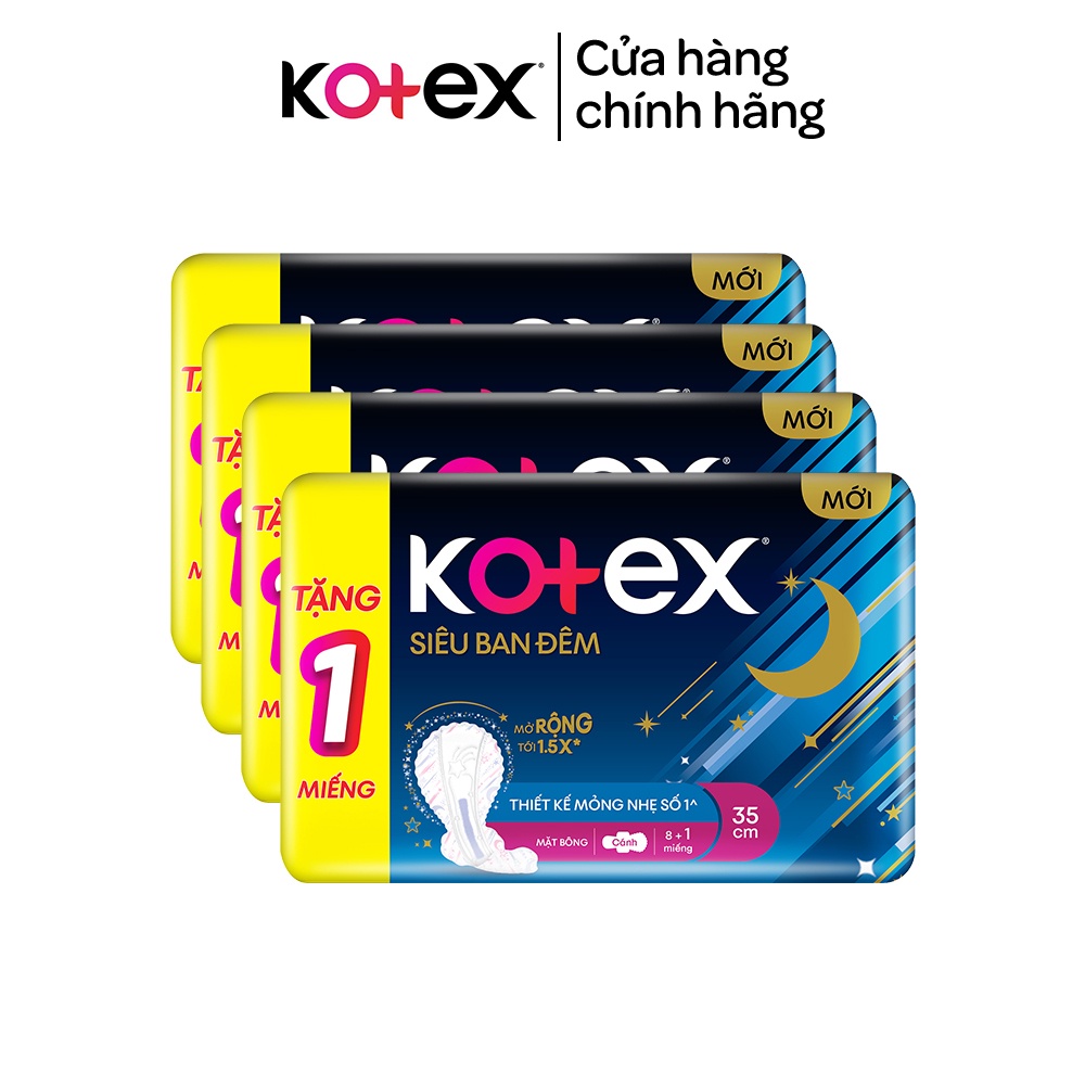 Combo 04 gói băng vệ sinh Kotex ban đêm mặt bông 8 miếng 35 cm