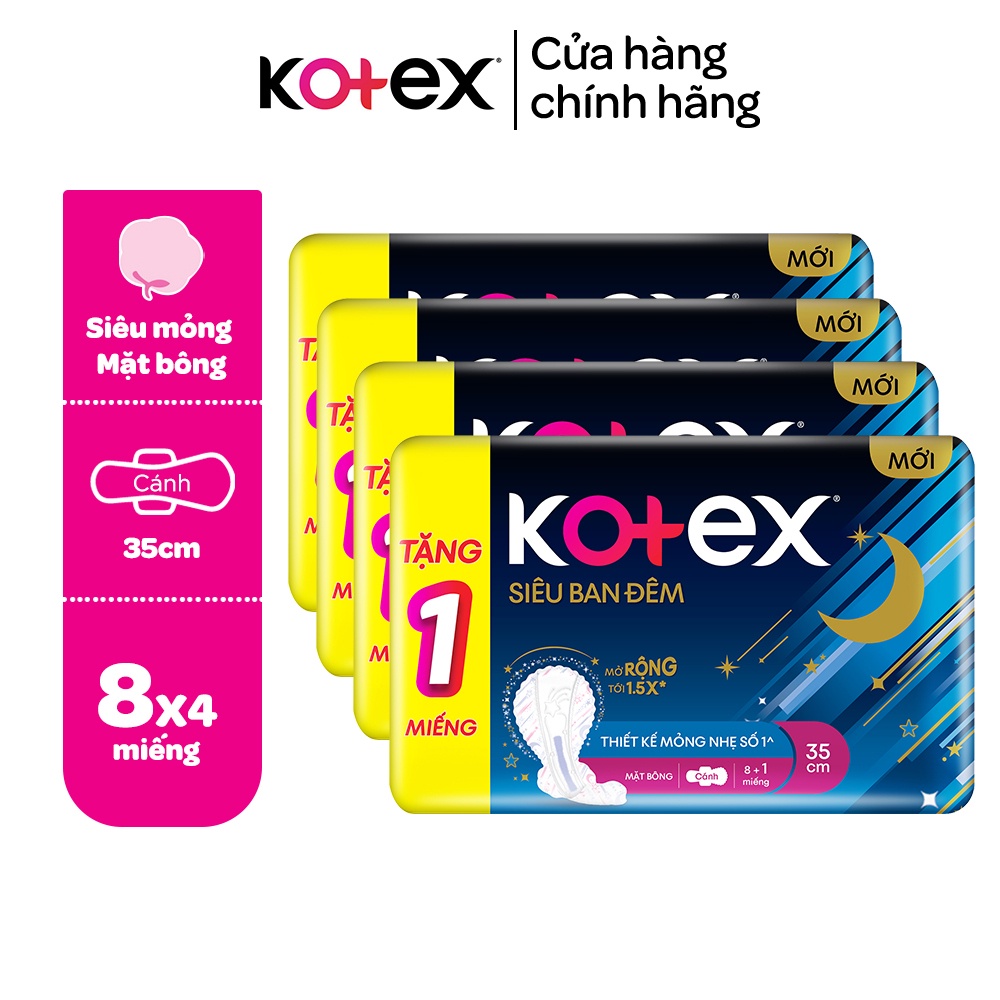 Combo 04 gói băng vệ sinh Kotex ban đêm mặt bông 8 miếng 35 cm