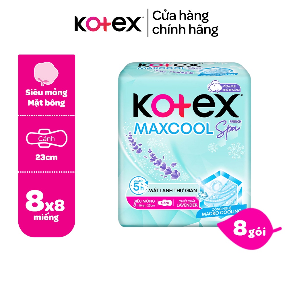 Combo 8 gói băng vệ sinh Kotex Maxcool French Spa siêu mỏng cánh 23cm (8M/gói)