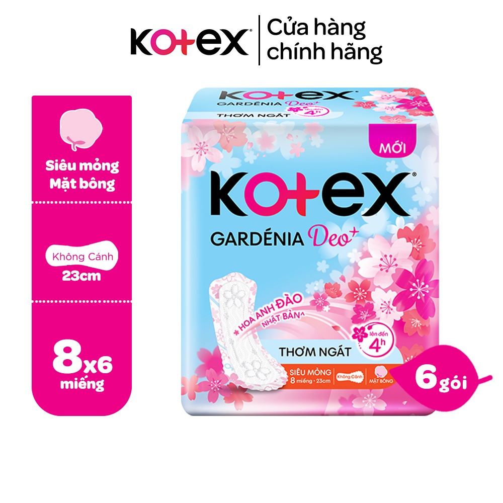 Combo 6 gói băng vệ sinh Gardenia Deo+ - Hoa Anh Đào Mặt Bông siêu mỏng 23cm 8 miếng