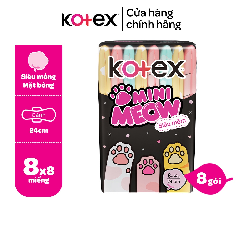 Lốc 8 Băng vệ sinh Kotex MiniMeow Siêu mềm siêu mỏng cánh 8 miếng