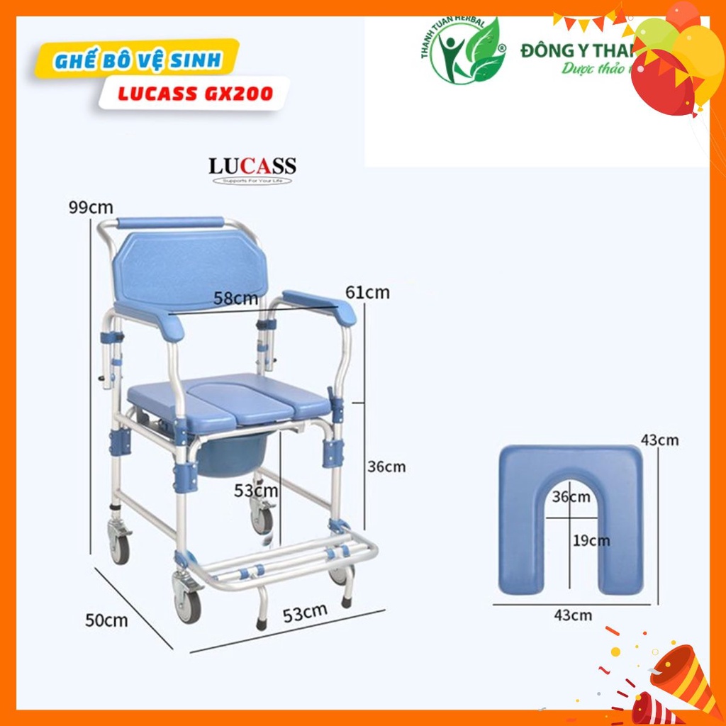 Mẫu Mới 2024, Ghế Bô Vệ Sinh Lucass GX-200 (GX200) Khung nhôm cao cấp - Có Đệm, Bánh Xe, Chỗ Gác Chân - Hỗ trợ người già