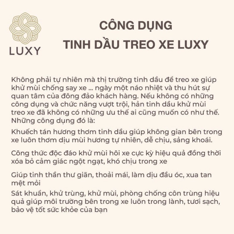 Tinh dầu treo xe LUXY cao cấp 10ml, tinh dầu thơm phòng khử mùi thiên nhiên nguyên chất - Hàng mới về