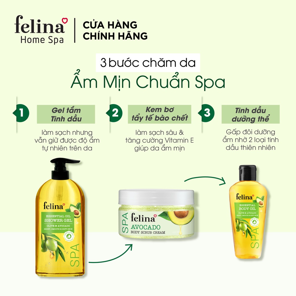 Kem tắm tẩy tế bào chết body Felina Home Spa 200g từ bơ nghiền nguyên trái giúp da sạch sâu, ẩm mịn chỉ sau 1 lần dùng