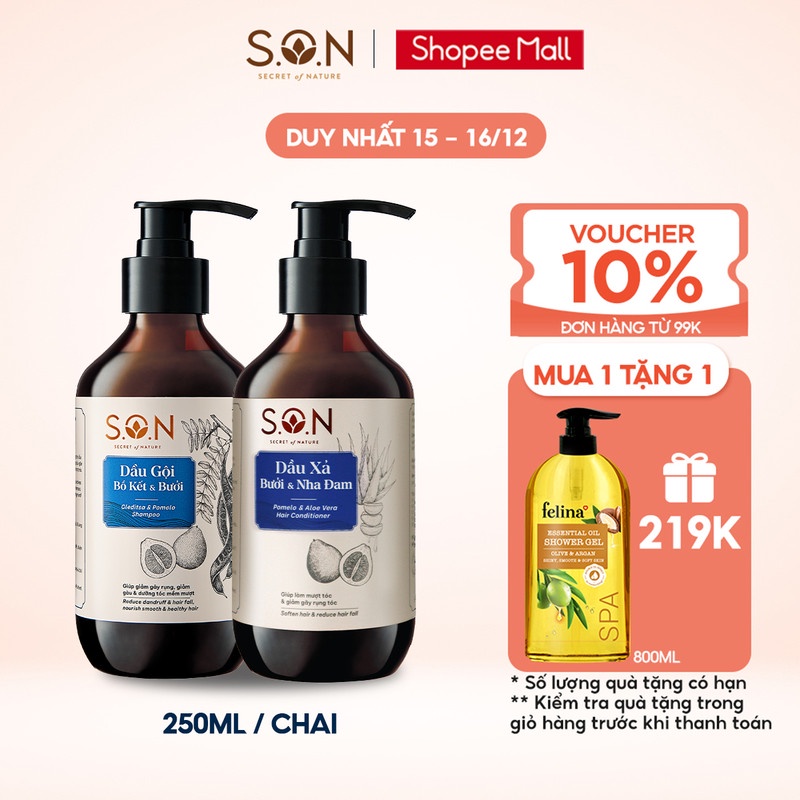 [ SET QUÀ TẶNG] BỘ DẦU GỘI BỒ KẾT & BƯỞI S.O.N  250ML GIẢM GÃY RỤNG, GIẢM GÀU NGỨA VÀ DẦU XẢ