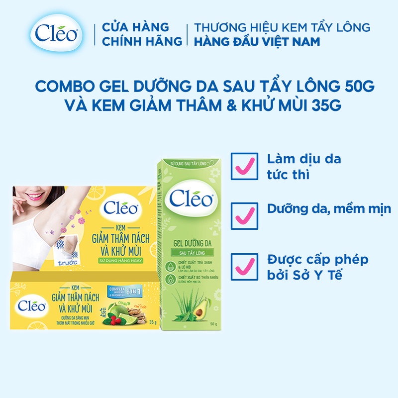 Bộ đôi Kem giảm thâm nách & khử mùi Cléo 35g và Gel dưỡng da sau tẩy lông Cléo giúp dưỡng ẩm & dịu da 50g