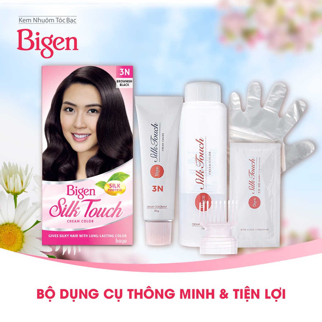Thuốc nhuộm phủ bạc Bigen Silk Touch 135ml dạng kem, phủ bạc hoàn toàn, dưỡng tóc mềm mượt, màu trẻ trung