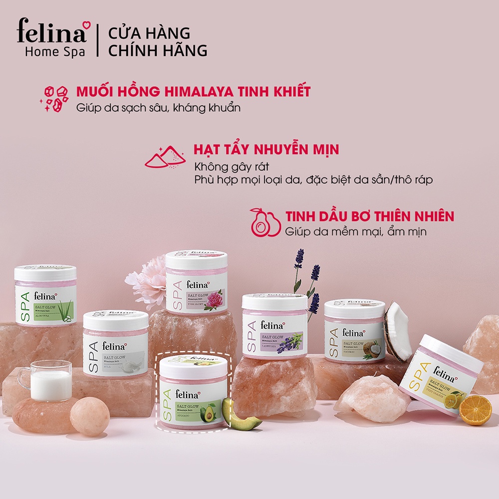 Muối tắm tẩy tế bào chết body Felina Home Spa 500g từ hạt muối hồng Himalay tinh khiết - da sáng mịn rạng rỡ