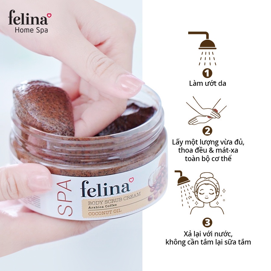 Combo 2 hộp Kem tắm tẩy tế bào chết cà phê từ Hạt cà phê và tinh dầu dừa giảm thâm sạm Felina Home Spa 220g/hộp