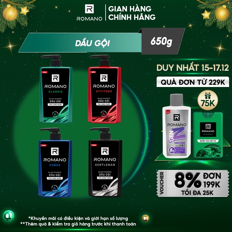 Dầu gội Romano hương nước hoa Classic/ Force/ Attitude/ Gentleman 650g/chai - 4 mùi hương có sẵn