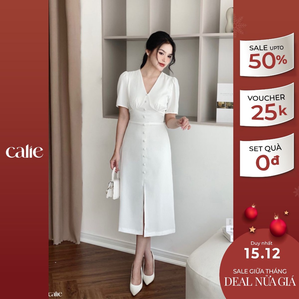 Váy midi cổ v nhún ngực phối khuy bọc dáng dài Calie VM135